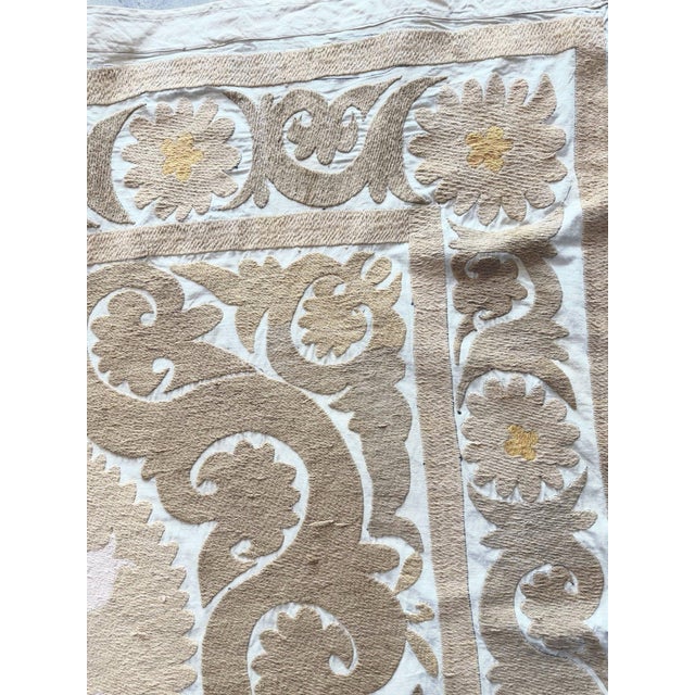 Textile Neutral Tan Uzbekistan Suzani Embroidered Wall Hanging 4' X 4'9'' For Sale - Image 7 of 9