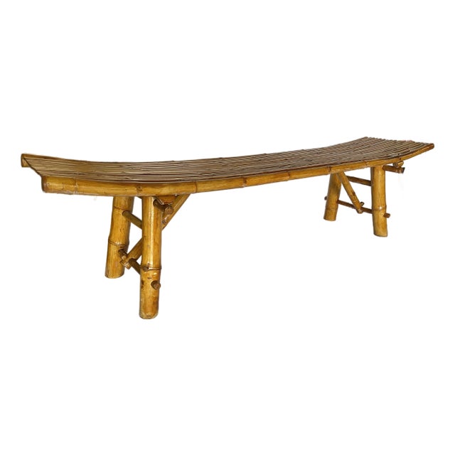 Oversized 73" Mid-Century Curved Bamboo Sling Bench – Japanese Zen Style For Sale