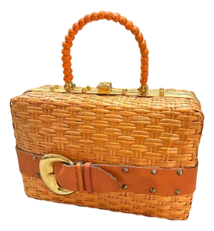 An Amazing 1950s Wicker, Brass and Orange Leather Italian Hand-Bag