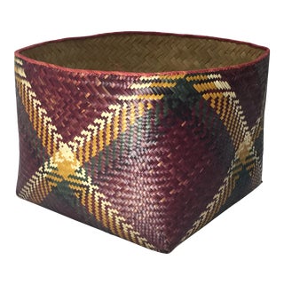 Stylish Storage: Vintage Burberry Style Hand Woven Basket From Africa in Eggplant For Sale