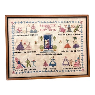 Antique Early 1900s Framed Children's Etiquette Cross Stitch For Sale