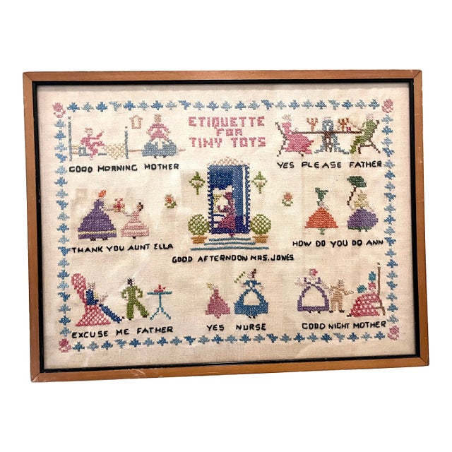 Antique Early 1900s Framed Children's Etiquette Cross Stitch For Sale