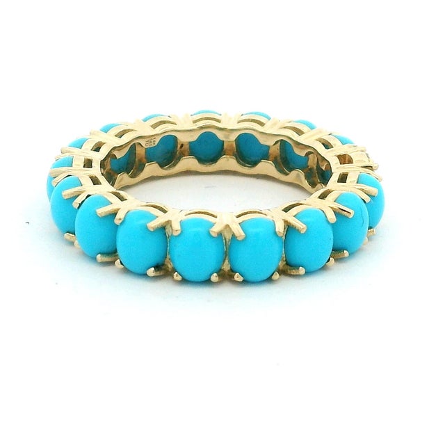 2000 - 2009 14k Gold Persian Turquoise Eternity Band With Diamond Accent, Size 7.5 For Sale - Image 5 of 7