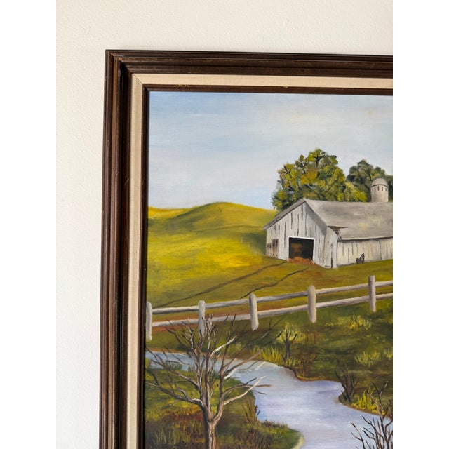 1970s 1970’s Vintage Impressionist Farm River Landscape Oil on Canvas Painting, Framed For Sale - Image 5 of 11