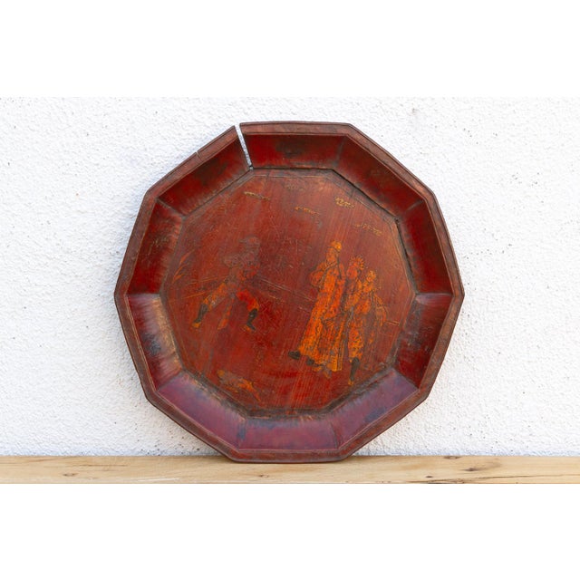 Antique Wooden Platter With Figurative Gilt Scene For Sale - Image 4 of 8