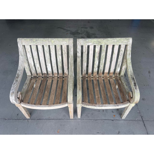 Vintage Weathered Hardwood Scroll Arm Garden Chairs With Natural Patina, a Pair For Sale - Image 10 of 12