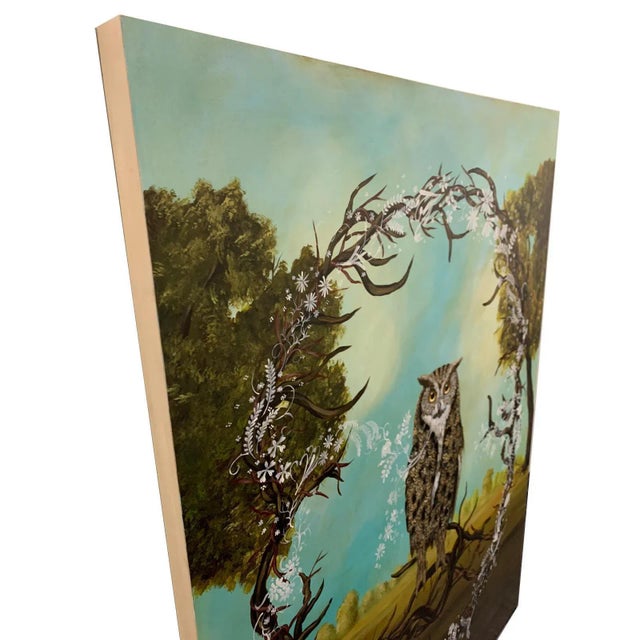 Early 21st Century Great Horned Owl, Anne Siems, Figurative Painting, Owl in Forest Landscape, 2018 For Sale - Image 5 of 9