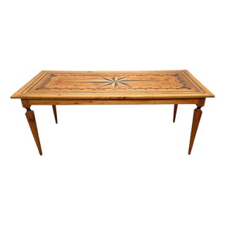 Spanish Colonial Revival Marquetry Farmhouse Dining Table, Compass Star Inlay For Sale
