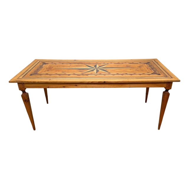 Spanish Colonial Revival Marquetry Farmhouse Dining Table, Compass Star Inlay For Sale