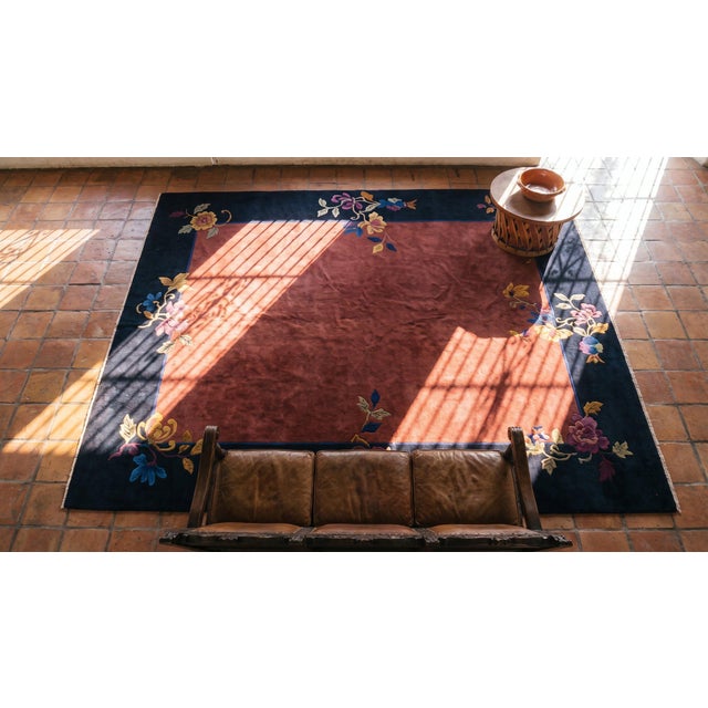 1920s Raspberry Red Open Floral Antique Chinese Art Deco Rug 9' X 11'3" Wool Knotted Carpet For Sale - Image 12 of 12