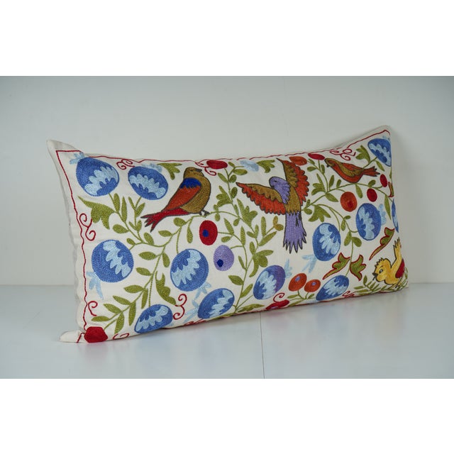 Mid-Century Modern Hand Embroidered Suzani Lumbar Pillow Cover For Sale - Image 3 of 5