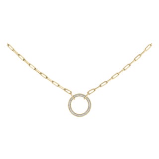 Gold Vermeil 1/10 Cttw Diamond Paperclip Chain Circle Pendant Necklace For Sale