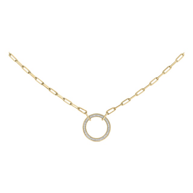Gold Vermeil 1/10 Cttw Diamond Paperclip Chain Circle Pendant Necklace For Sale