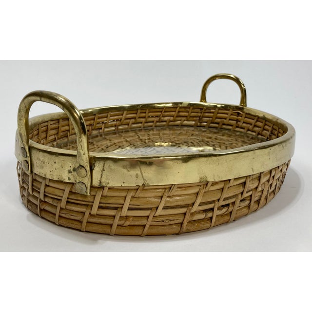 Gabriella Crespi Vintage Gabriella Crespi Style Brass Rim Coiled Rattan Tray For Sale - Image 4 of 8