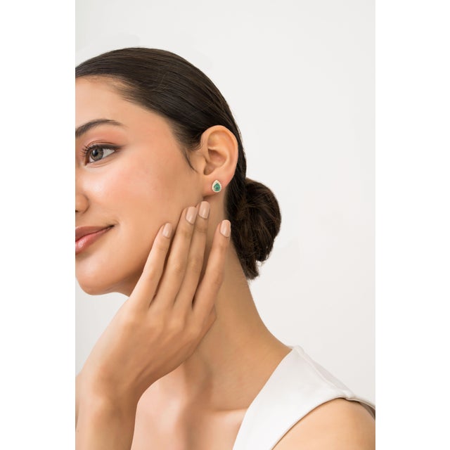 Handcrafted 1.37ct Pear Emerald & Diamond Halo Stud Earrings in 18k Yellow Gold- A Pair For Sale - Image 10 of 14