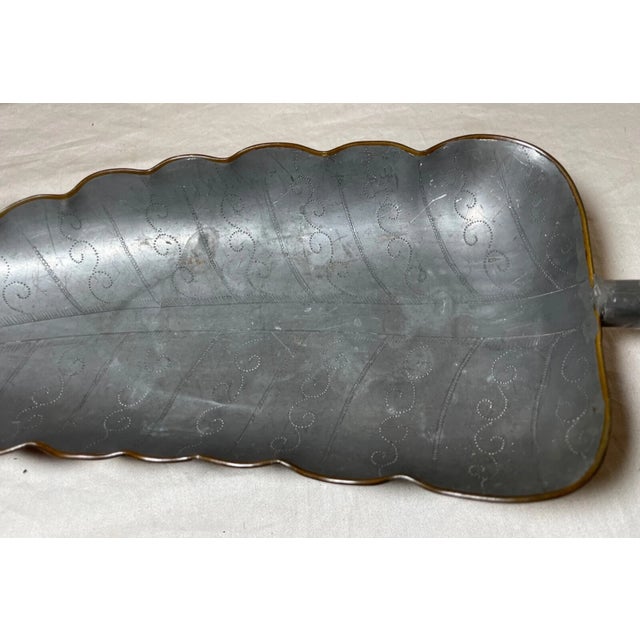 Jade Antique Handmade Chinese Tooled Pewter Copper Jade Stone Figural Leaf Tray Dish For Sale - Image 8 of 11