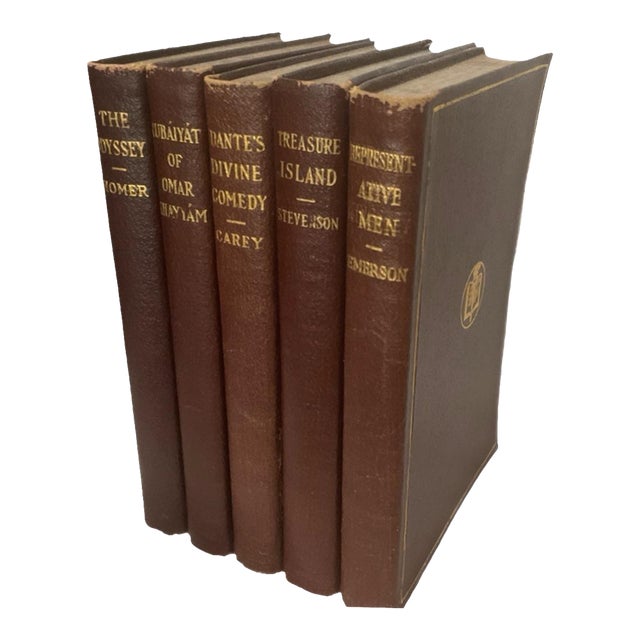 5 Vintage Classic Books - Odyssey, Rubiáyát, Dante, Treasure Island, Emerson For Sale