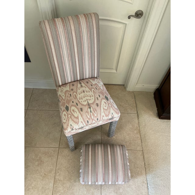 1980s 1980s Custom Multi-Pattern Upholstered Accent Chair & Small Footstool Set For Sale - Image 5 of 9