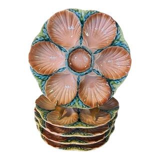 Late 19th Century Sarreguemines Majolica Seaweed and Shell Barbotine Oyster Plate - Sold Individually For Sale