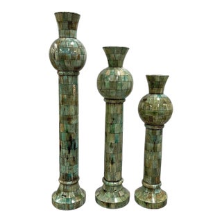 Set of 3 Large Unique Tessellated Bone Candle Holders Candlesticks For Sale
