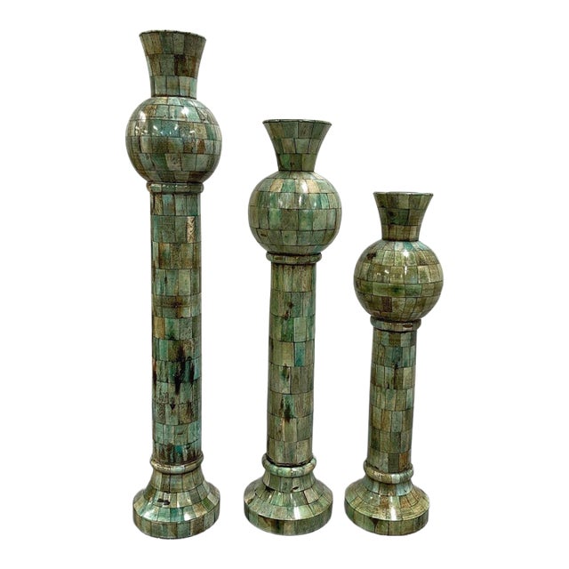 Set of 3 Large Unique Tessellated Bone Candle Holders Candlesticks For Sale