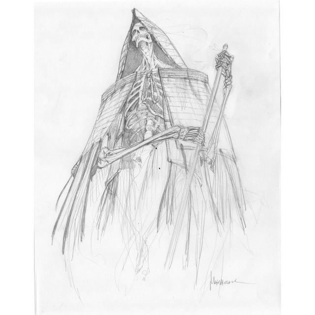 Dusk (sketch) by Peter Mohrbacher | Graphite on paper of a skeletal figure in a hooded cloak For Sale