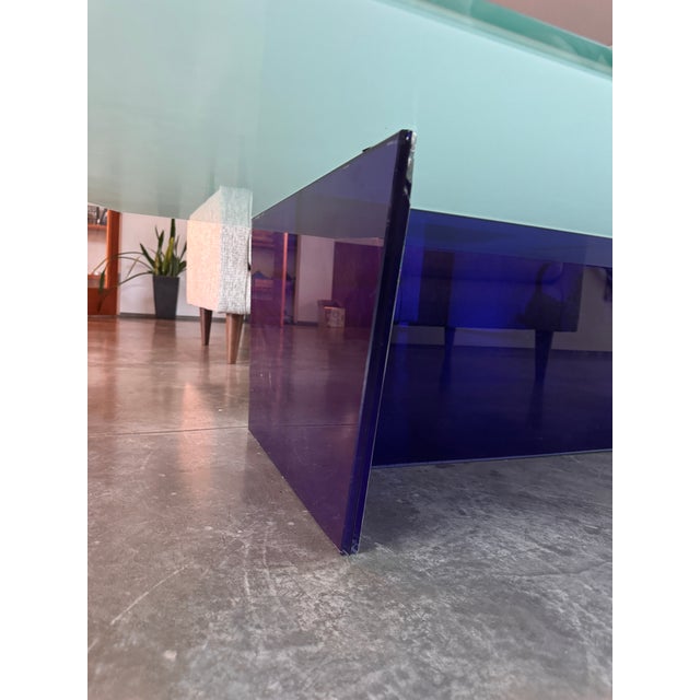 1990s Large Asymmetrical Sculptural Glass Coffee Table With Cobalt Blue Pedestal Base For Sale - Image 12 of 13