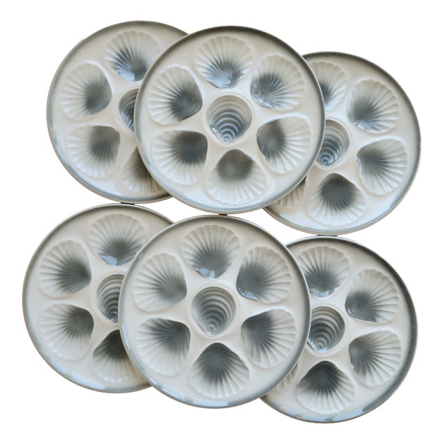 Vintage Oyster Plates in Blue-Grey Gradient Earthenware from Moulin Des Loups, 1970s, Set of 6 For Sale