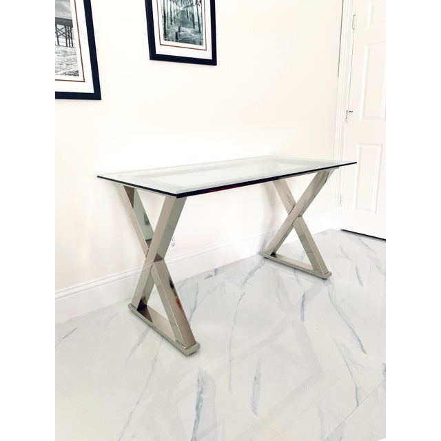 Modern Glass Desk Table With Silver Polish Chrome Cross Base Chairish