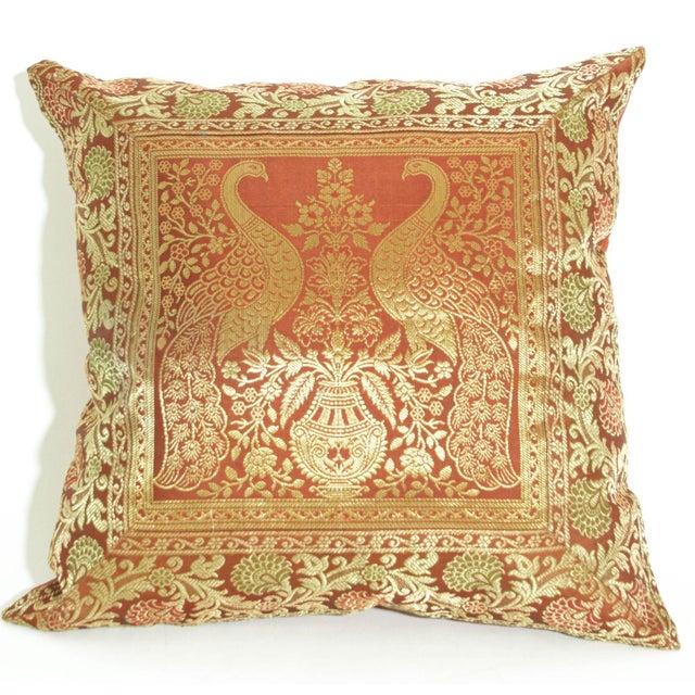 English Red Silk Throw Pillow With Elephants and Peacocks India For Sale - Image 3 of 11