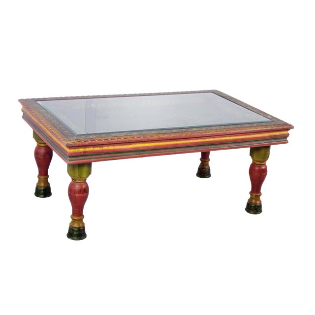 Wooden Carved Hand Painted Iron Grill Coffee Table For Sale