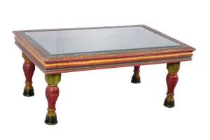 Wooden Carved Hand Painted Iron Grill Coffee Table