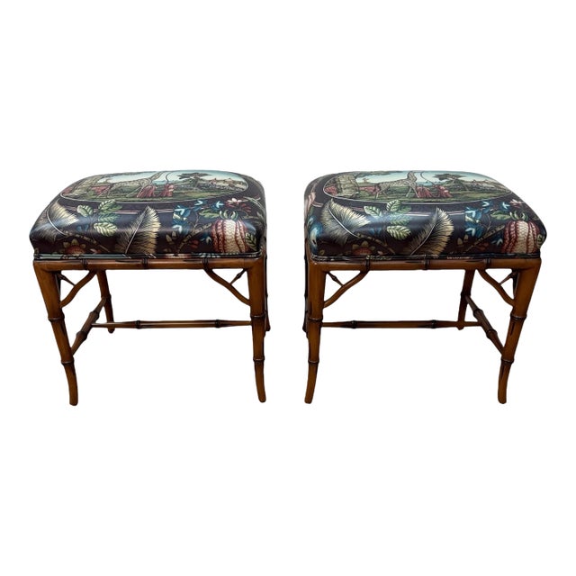 Vintage Faux Bamboo "Souvenir D'Afrique" Giraffe Ottomans / Stools - A Pair For Sale