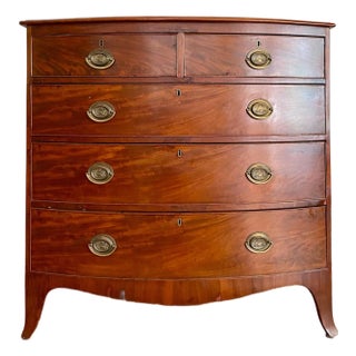 Antique Early 1800s British Neoclassical Mahogany Bowfront Chest of Drawers With Admiral Nelson Commemorative Handles For Sale