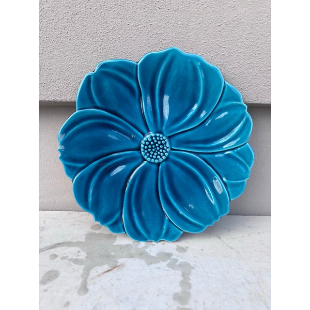 Mid-Century Modern Large French Mid-Century Majolica Blue Flower Platter Charolles For Sale - Image 3 of 5