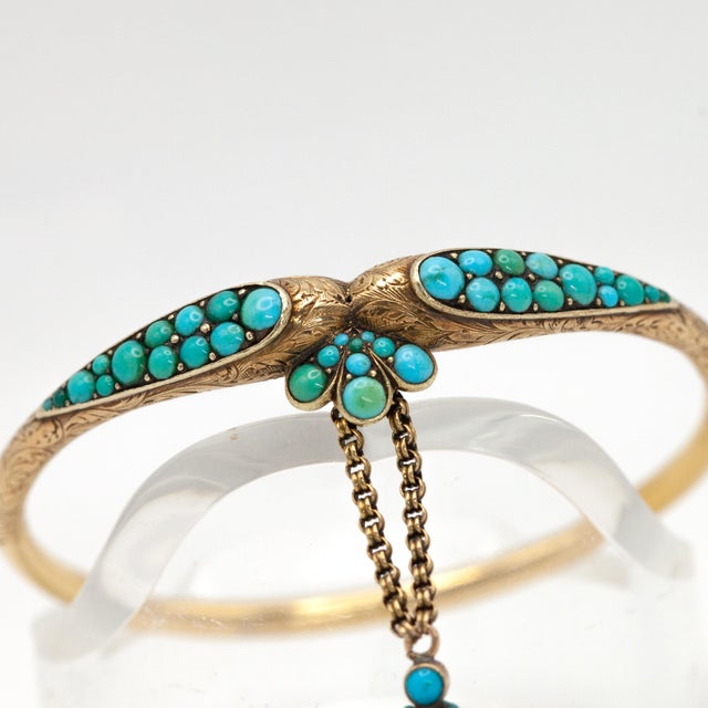 Late 19th Century Victorian 18k Yellow Gold Turquoise Charm Bangle For Sale In New York - Image 6 of 10