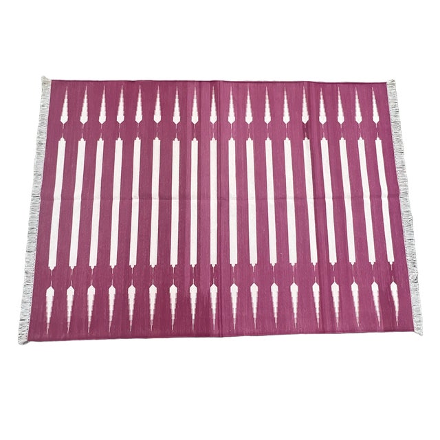 Cotton Vegetable Dyed Pink & White Striped Reversible Rug - 8'x10' These special flat-weave dhurries are hand-woven with...