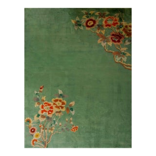 1930s Green Open Floral Antique Chinese Art Deco Carpet 8' 7" X 11' 4" Knotted Pile Wool Rug For Sale