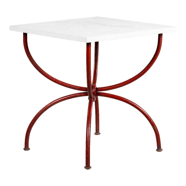 Vintage Table With Limestone Top and Red Metal Base For Sale