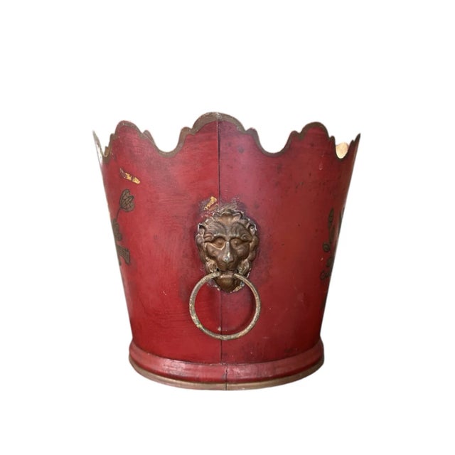 Vintage Cranberry Red French Tole Monteith Cache Pot / Jardinere / Planter With Lion Head Rings For Sale - Image 4 of 6