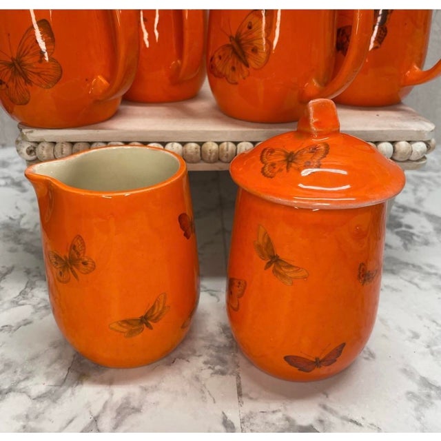 Vintage 1960's Handmade Ceramic MCM Cottage Core Orange & Butterfly Coffee Set 4 Mugs / Creamer & Covered Sugar Dish...