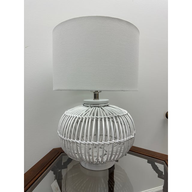 White Lauren by Ralph Lauren White Rattan Table Lamps With White Shades - a Pair For Sale - Image 8 of 11