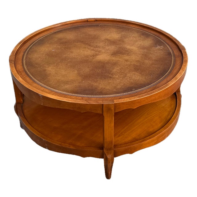 Mid 20th Century French Provincial Round Coffee Table With Gold-Embossed Inset & Cabriole Legs For Sale