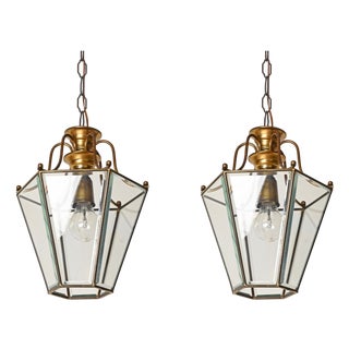 Hexagonal Brass and Glass Chandeliers after Adolf Loos, Italy, 1950s, Set of 2 For Sale