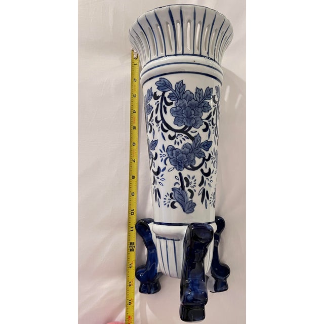 Ceramic Chinoiserie Footed Porcelain Vase Cobalt Blue White Floral Reticulated Rim 14"h Pair Available For Sale - Image 7 of 9