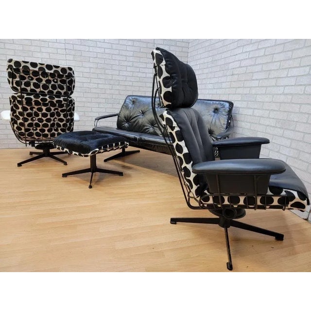 Homecrest MCM Homecrest Black Wire 2 Swivel Lounges, Loveseat and Ottoman Newly Reupholstered For Sale - Image 4 of 11