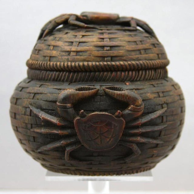 Antique Japanese Carved Wood Crab Basket Okimono, Meiji-Taishō Period For Sale In Raleigh - Image 6 of 13