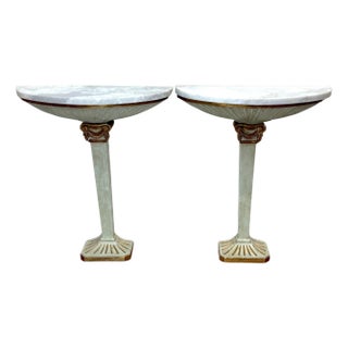Pair of Pallido Italy Neoclassical Stylized Urn Giltwood & Marble Console Tables For Sale