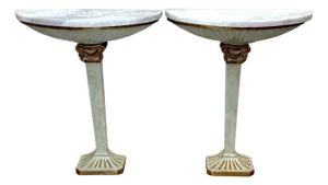 Pair of Pallido Italy Neoclassical Stylized Urn Giltwood & Marble Console Tables