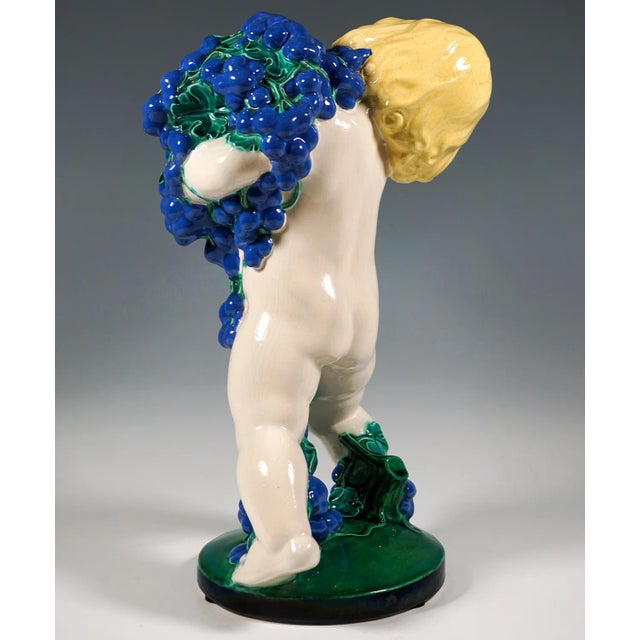 Autumn Putto with Grapes in Ceramic attributed to Michael Powolny, Vienna, 1890s For Sale - Image 4 of 9
